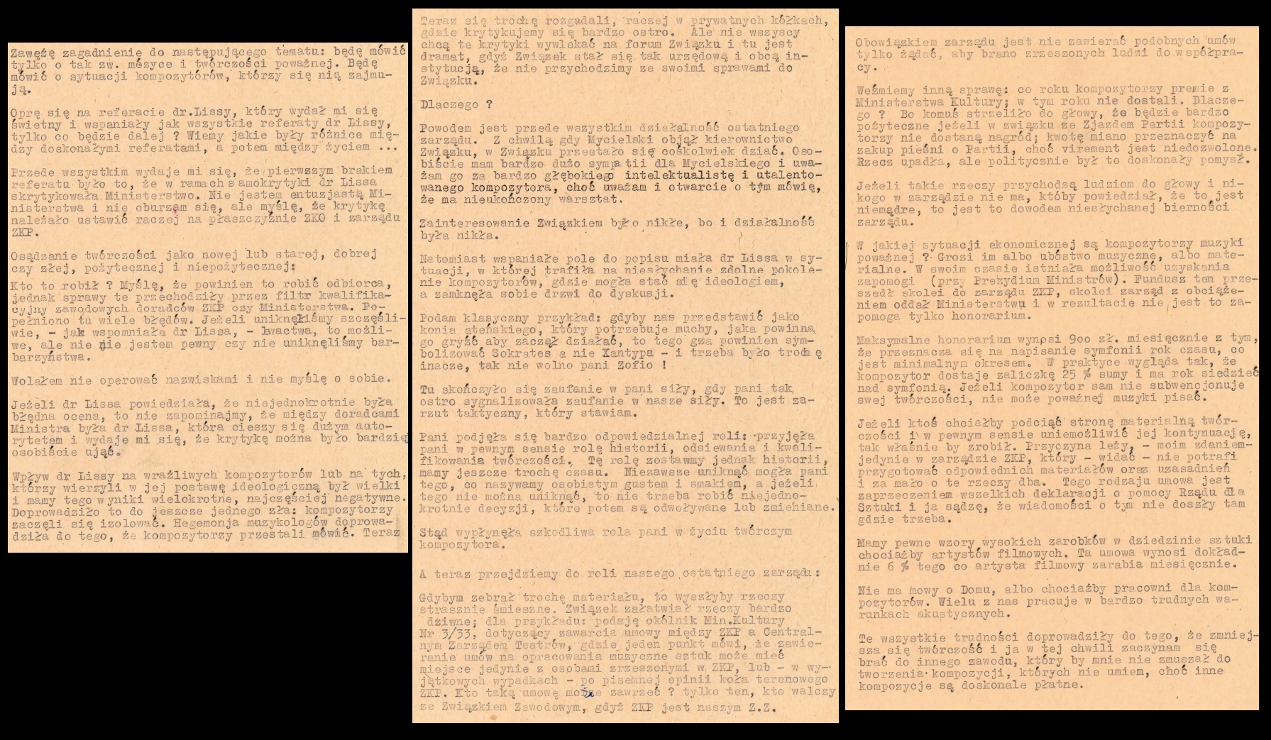 Obszerny fragment wypowiedzi Turskiego podczas walnego zjazdu ZKP w r. 1954