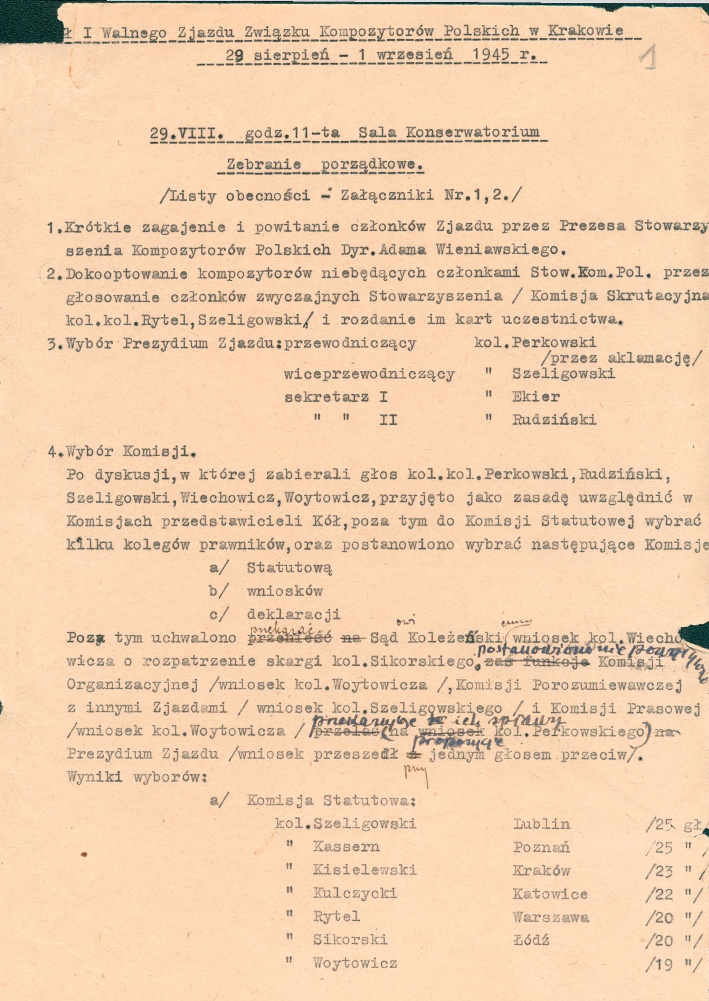 1 strona Protokołu I Zjazdu Kompozytorów Polskich w Krakowie w roku 1945