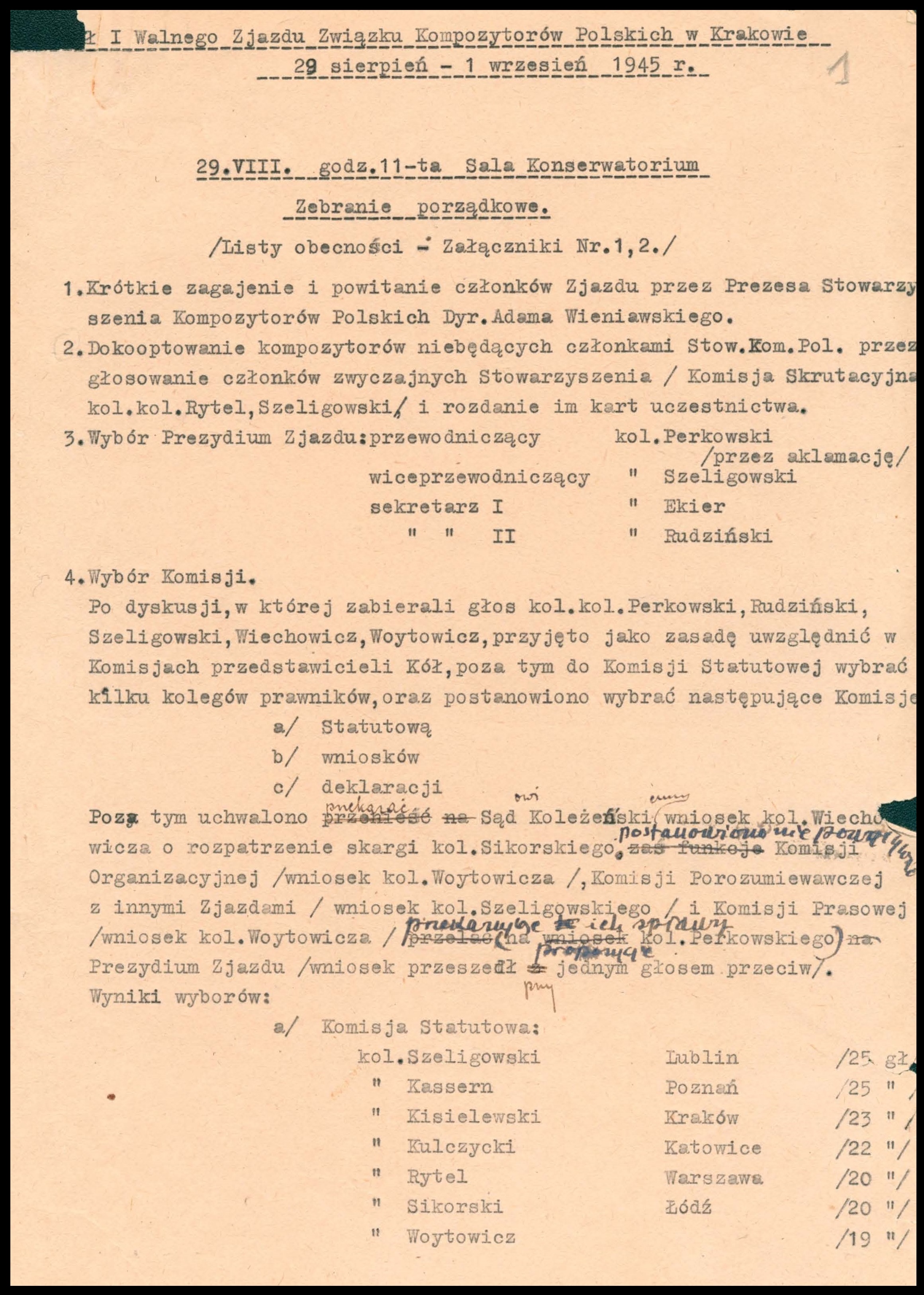 1 strona Protokołu I Zjazdu Kompozytorów Polskich w Krakowie w roku 1945