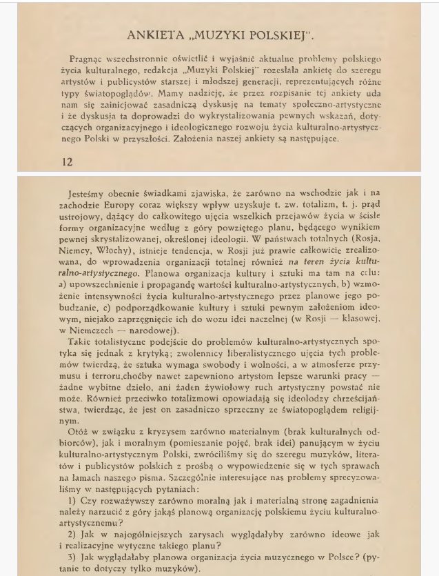 Skan strony z czasopisma Muzyka polska 1937 nr 1, s. 12. Ankieta.