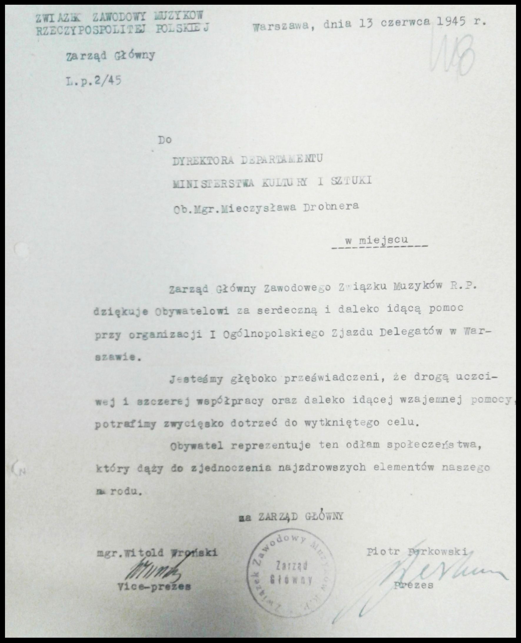 List: Związek Zawodowy Muzyków Rzeczypospolitej Polskiej, Zarząd Główny do Dyrektora Departamentu Ministerstwa Kultury I Sztuki