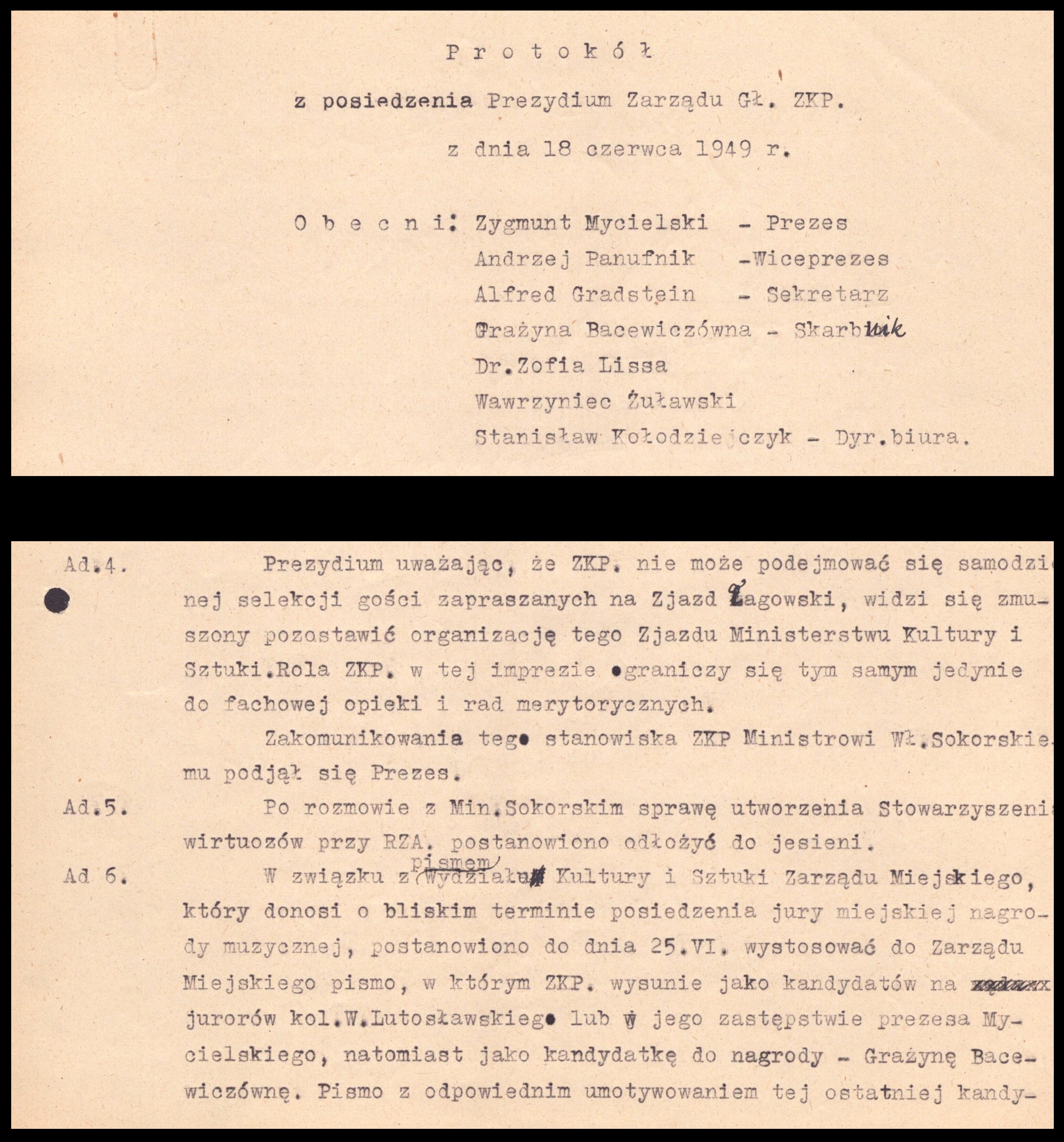 Fragmenty Protokołu z posiedzenia Prezydium Zarządu Gł.[ównego] ZKP z dnia 18 czerwca 1949 r.