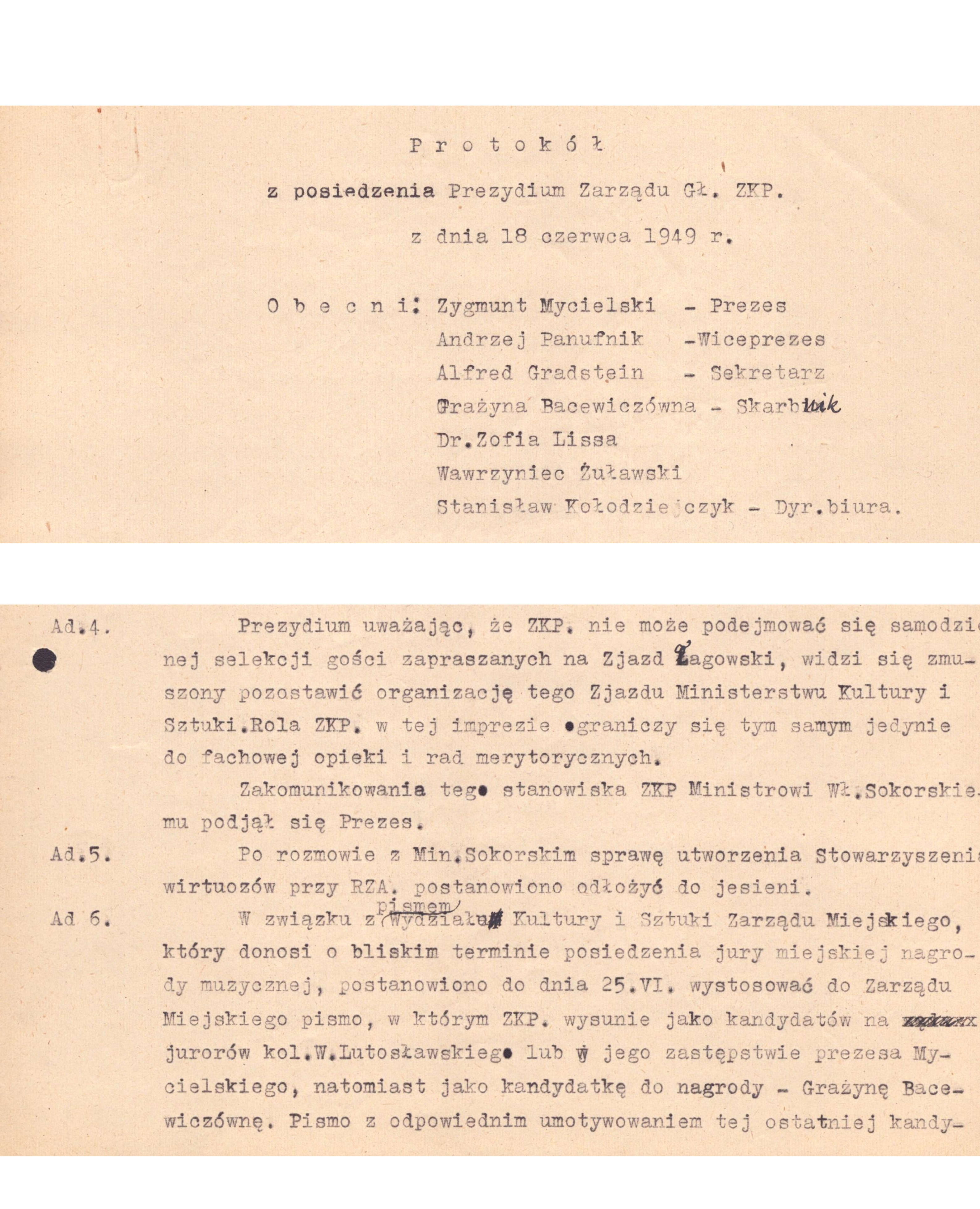 Fragmenty Protokołu z posiedzenia Prezydium Zarządu Gł.[ównego] ZKP z dnia 18 czerwca 1949 r.