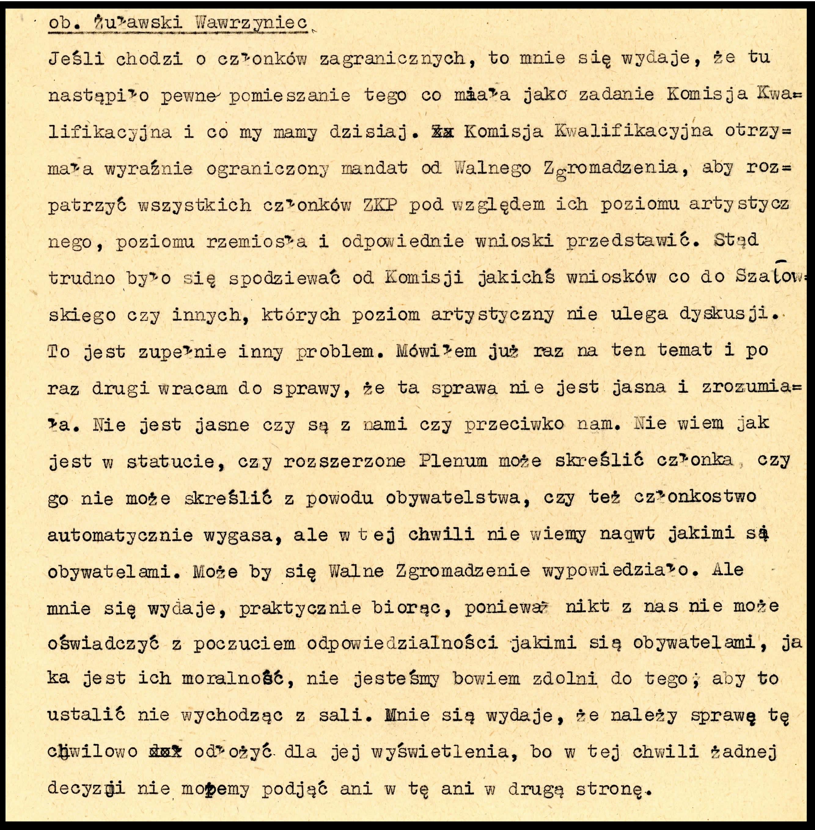 Fragment wypowiedzi Wawrzyńca Żuławskiego podczas plenum w grudniu 1952 r.