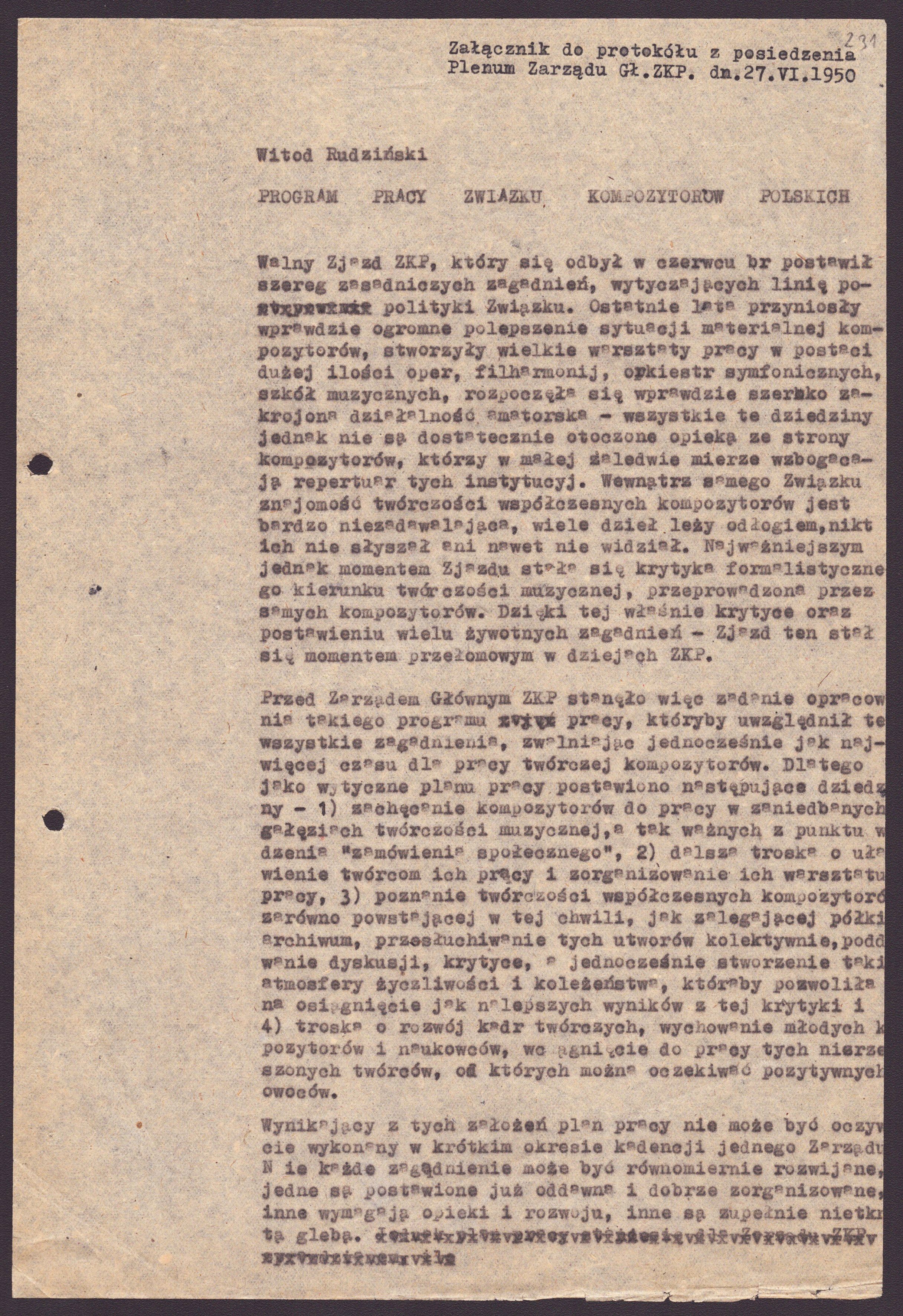 Witold Rudziński, Program pracy Związku Kompozytorów Polskich