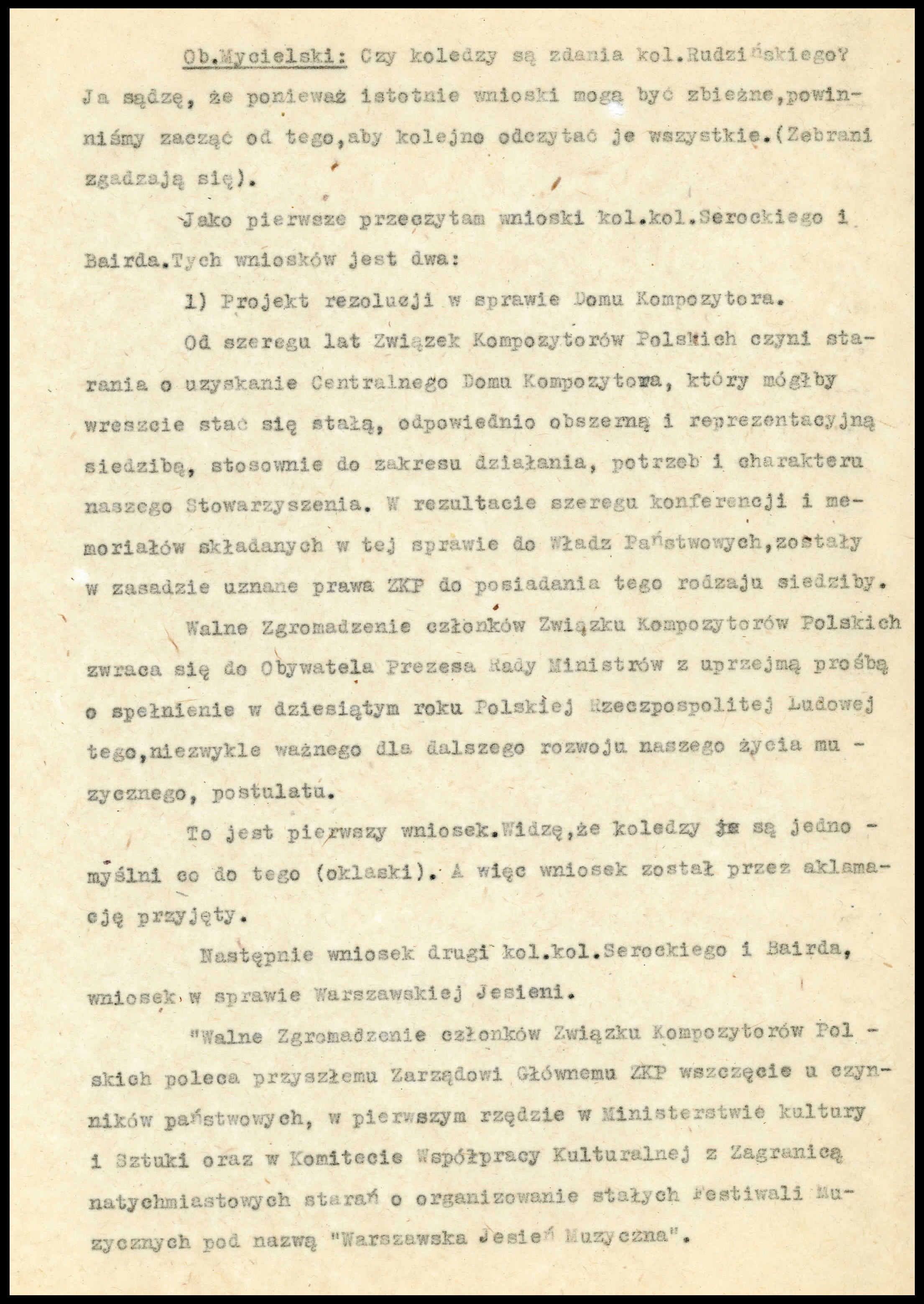Formalne wnioski zgłoszone podczas walnego zjazdu w r. 1955 przez Kazimierza Serockiego i Tadeusza Bairda
